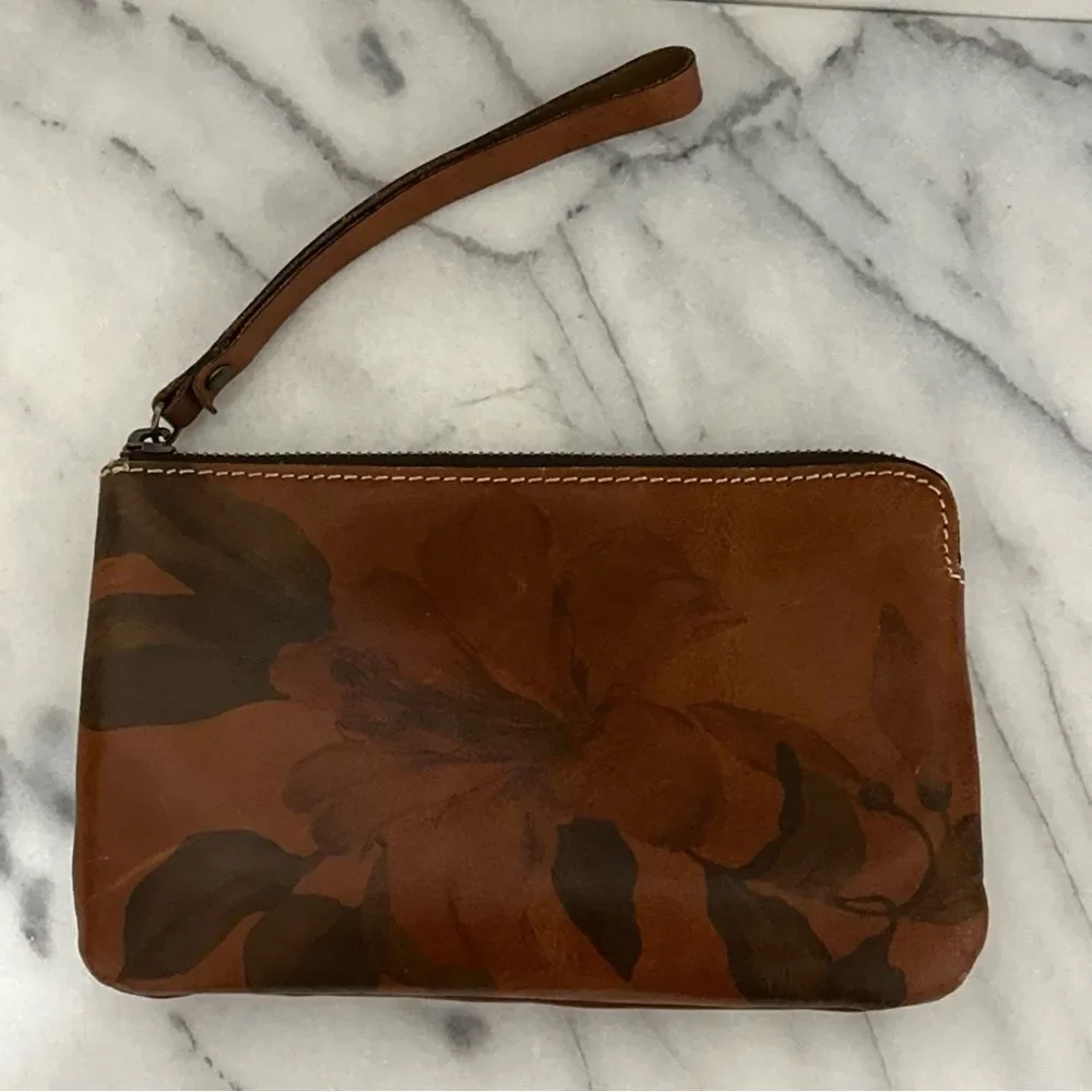 Patricia Nash Brown Leather Wristlet with Floral Design